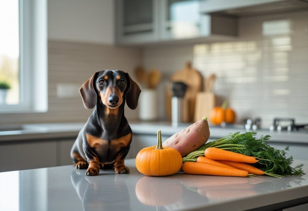 Dachshund beside fresh vegetables safe for food allergies