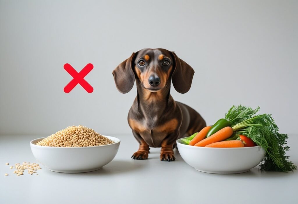 Dachshund beside two bowls showing grains crossed out and safe vegetables for allergy relief