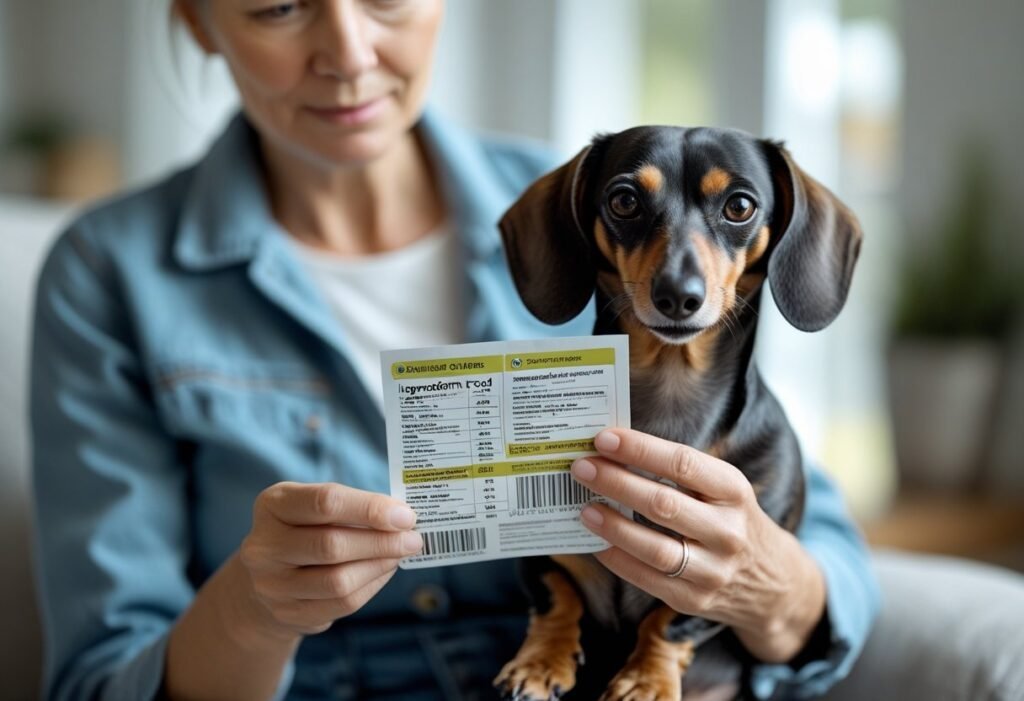 Owner reading dog food ingredient label carefully while holding their Dachshund