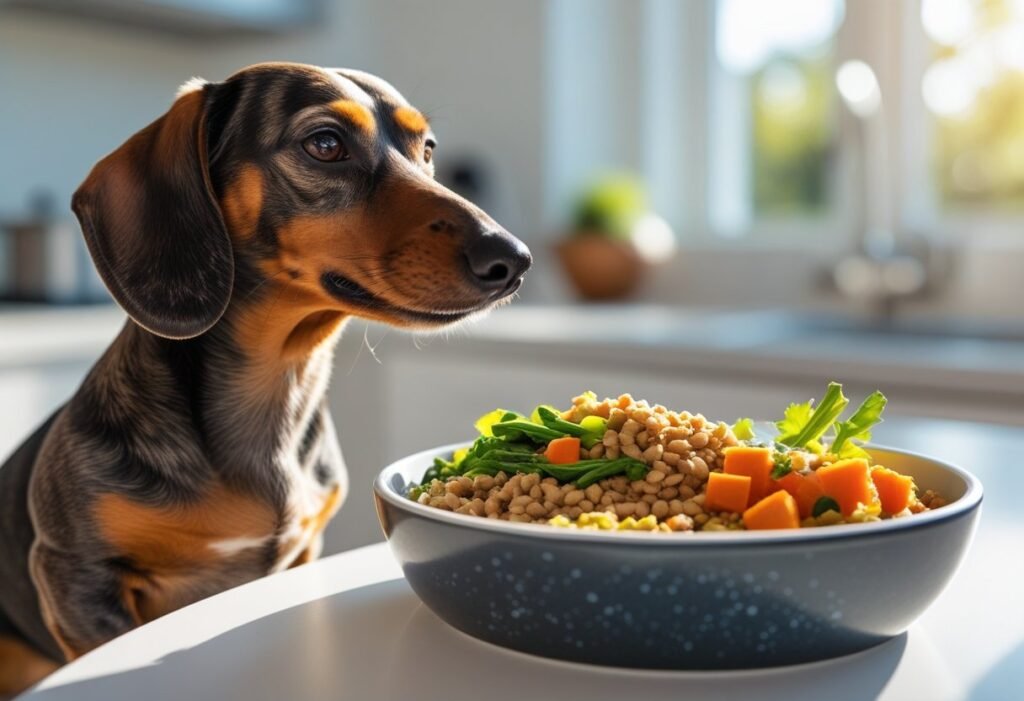 Dachshund eating a home-cooked plant-based meal safe for food allergies