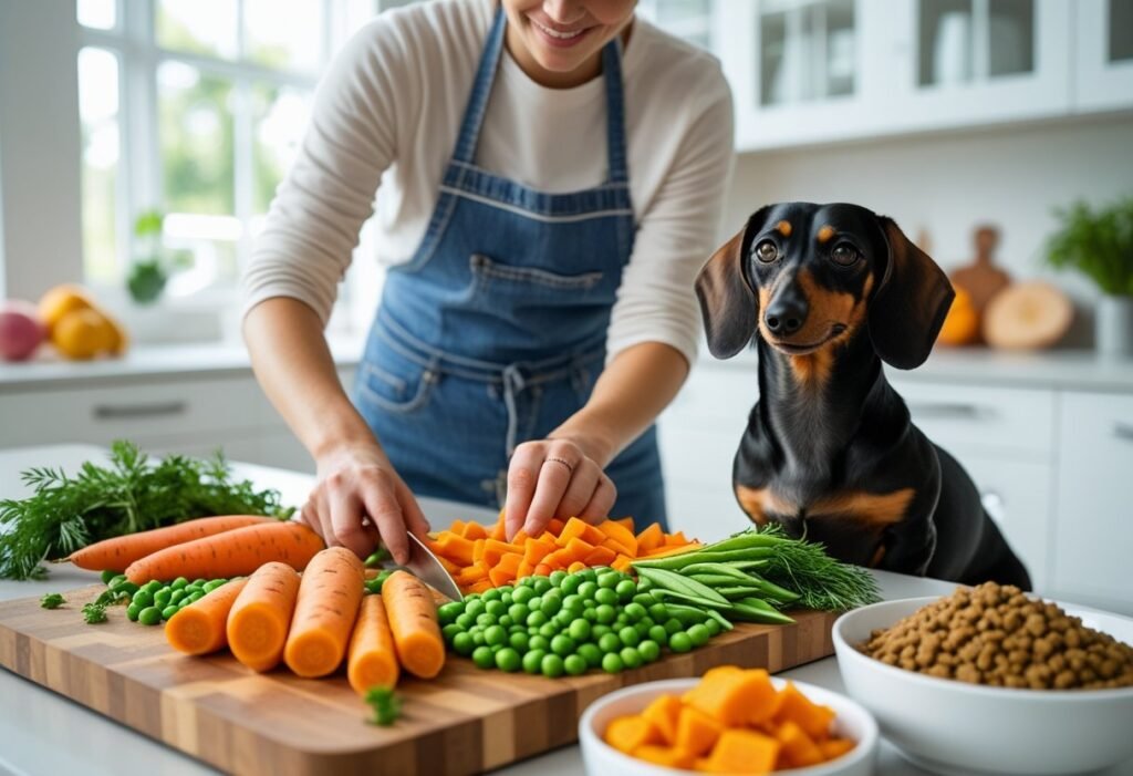 Owner preparing Dachshund food with carrots, peas, and sweet potatoes for allergies
