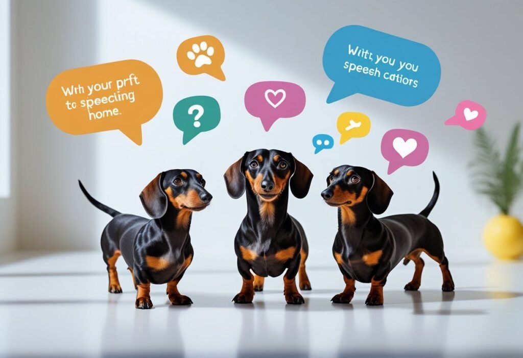 Cartoon Dachshunds with speech bubbles symbolizing group chats.