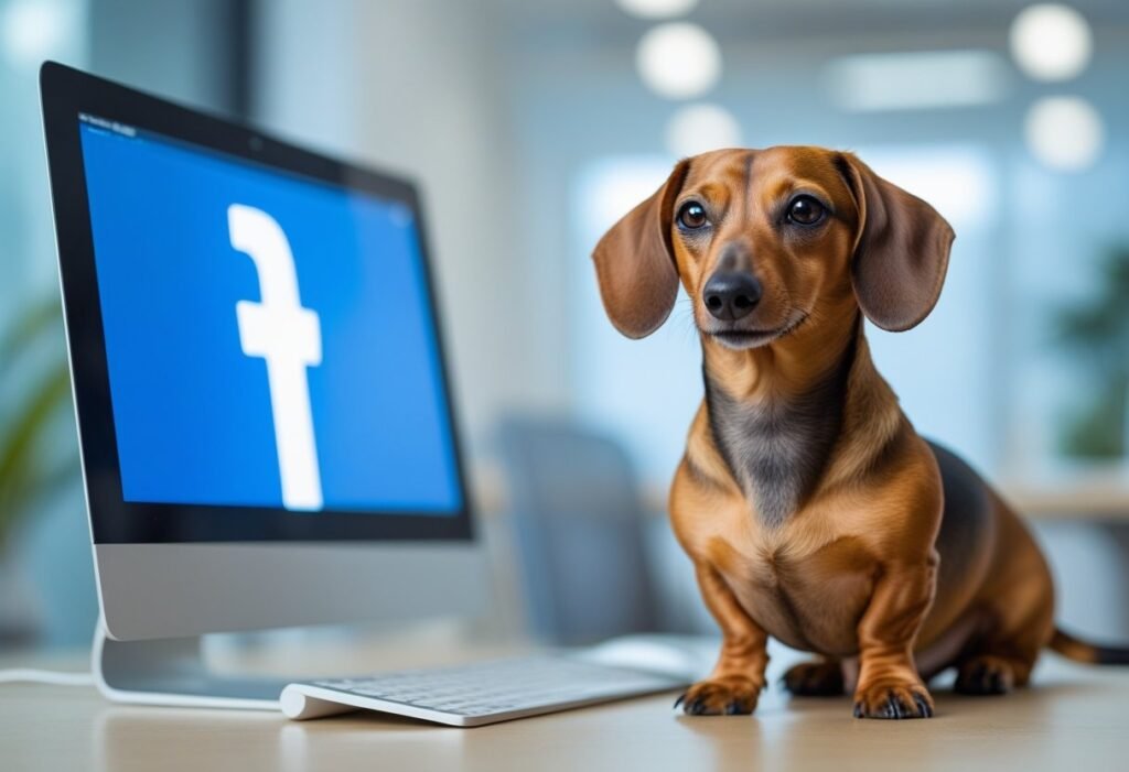 Dachshund in front of computer screen showing Facebook logo.