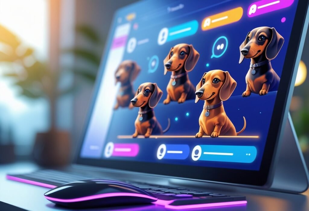 Forum concept with Dachshund avatars glowing on a screen.