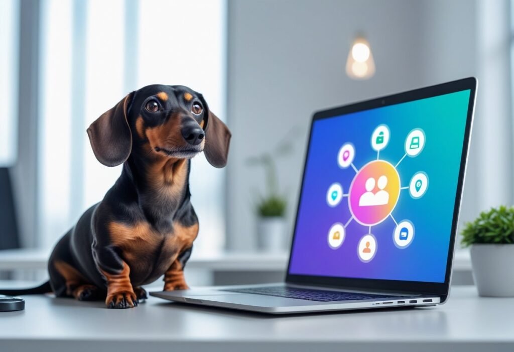 Dachshund at desk beside laptop with online community icons.