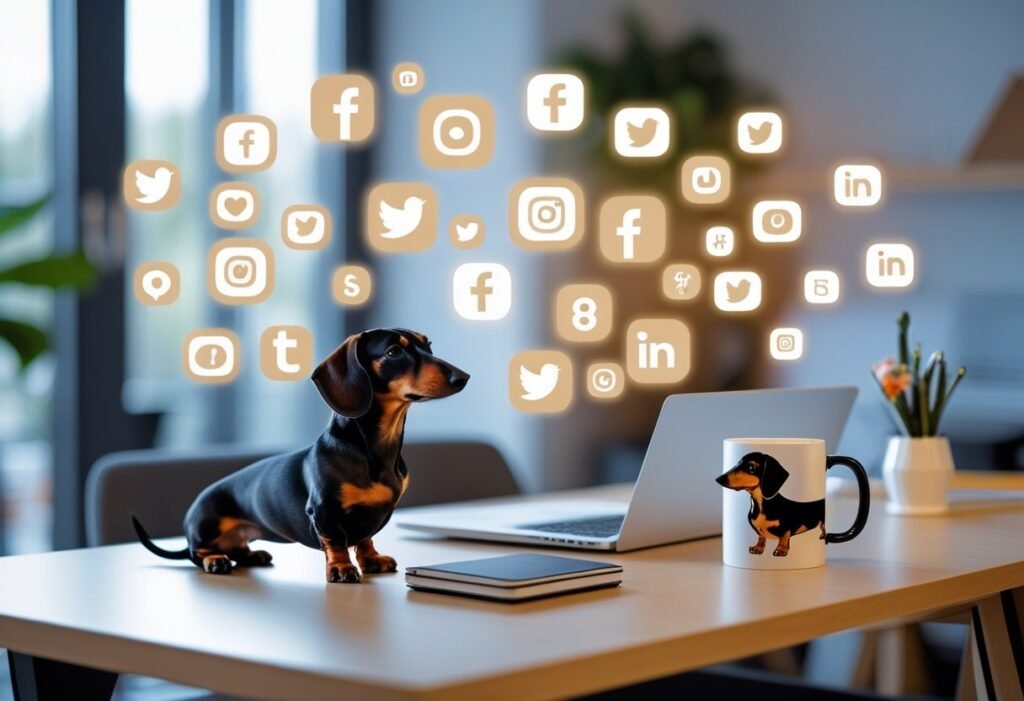 Home office with Dachshund theme and social media icons.