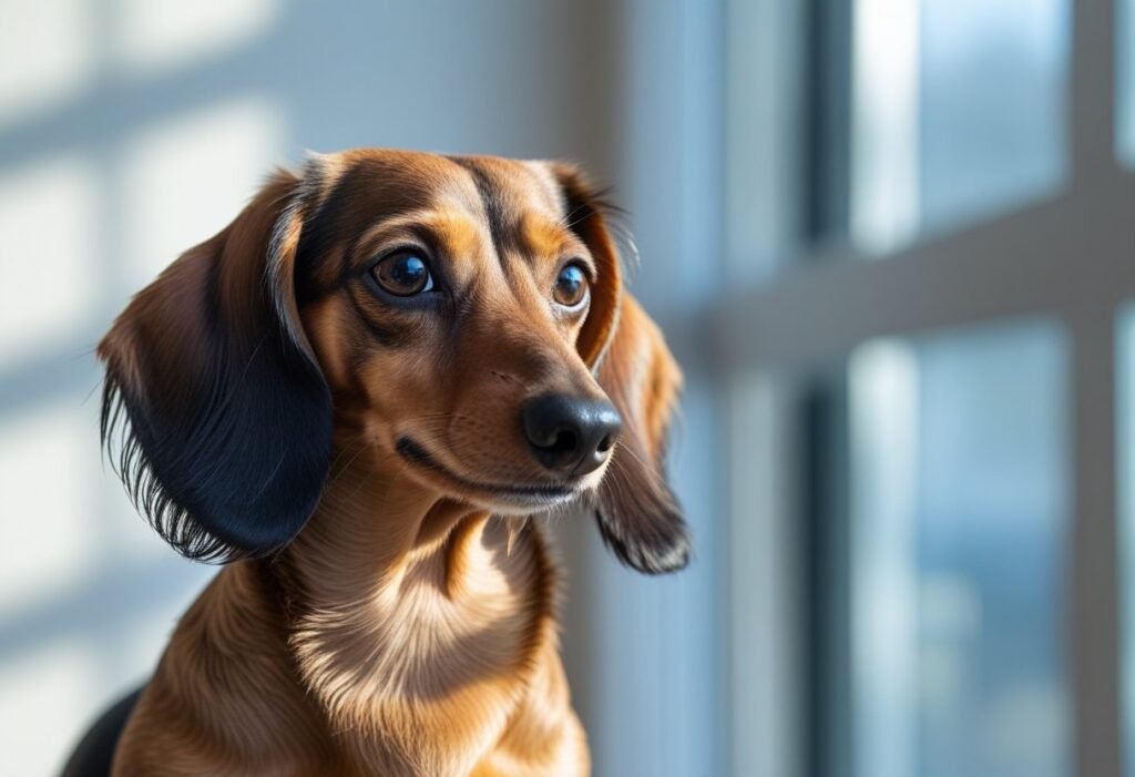 Long-haired Dachshund with hair clipped away from eyes.