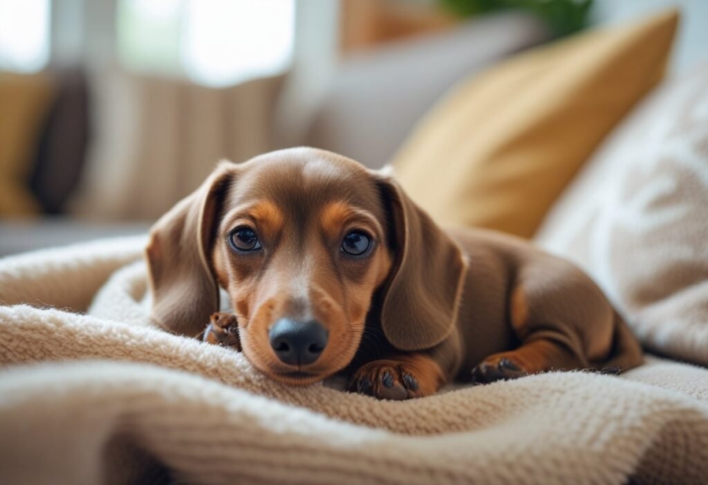 Dachshund puppy resting on a blanket after neutering surgery, calm and cozy environment
