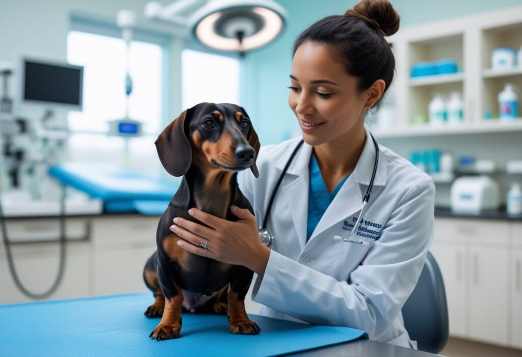 Veterinarian gently holding a Dachshund during a neutering consultation at the clinic