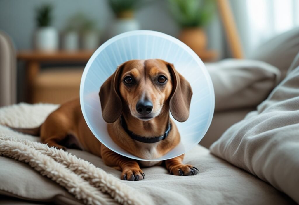 Dachshund wearing a recovery cone after neutering, resting comfortably at home