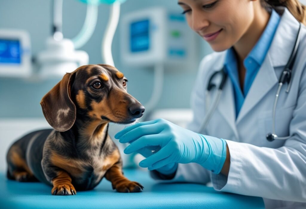 Vet checking Dachshund’s health during a post-neutering follow-up exam
