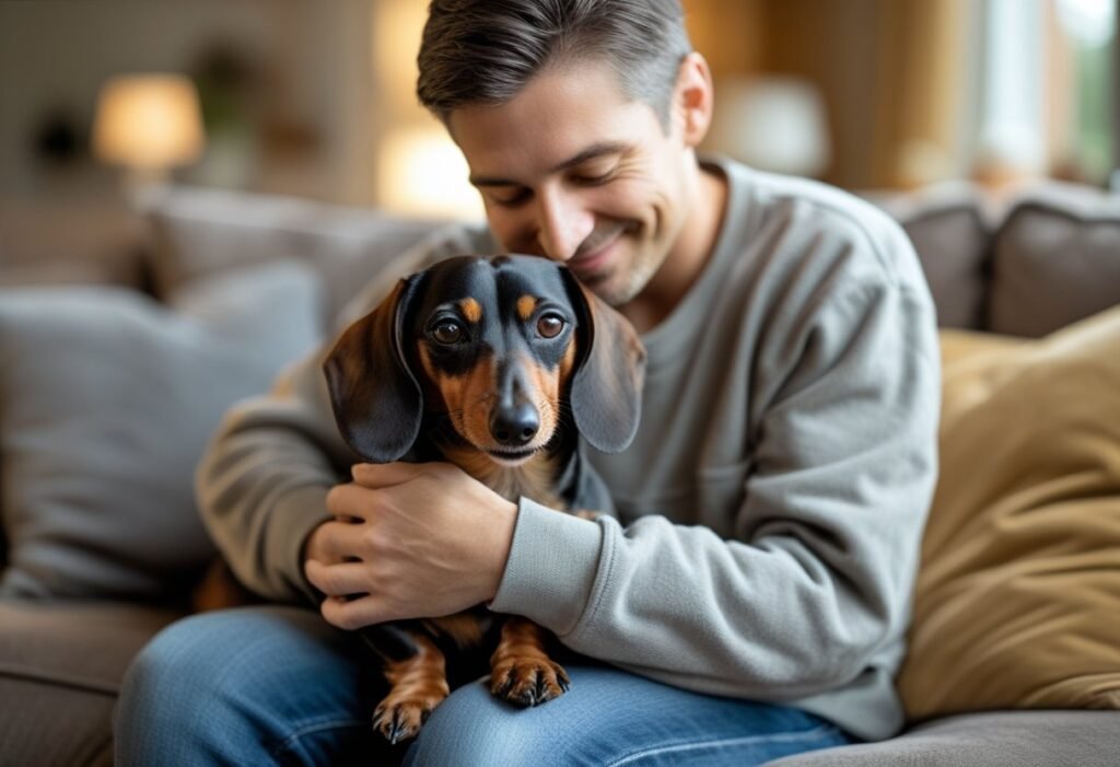 Owner cuddling Dachshund to provide comfort and care after neutering procedure