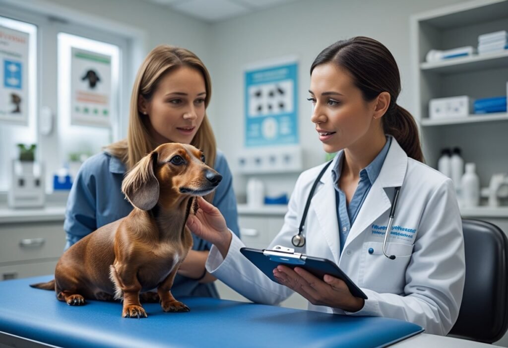 Vet explaining Dachshund neutering care instructions to pet owner in clinic