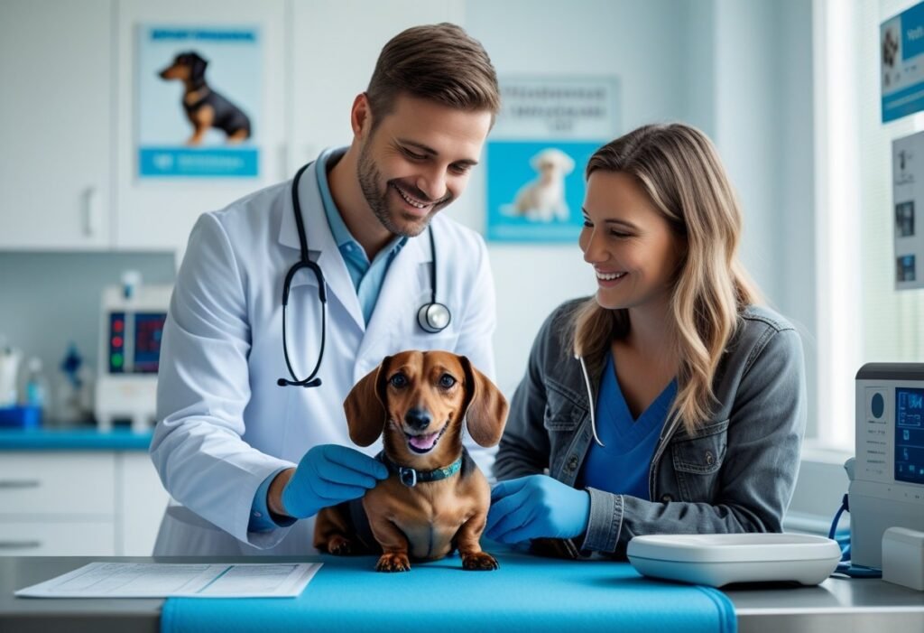 Smiling vet and owner during Dachshund neutering check-up at the veterinary clinic