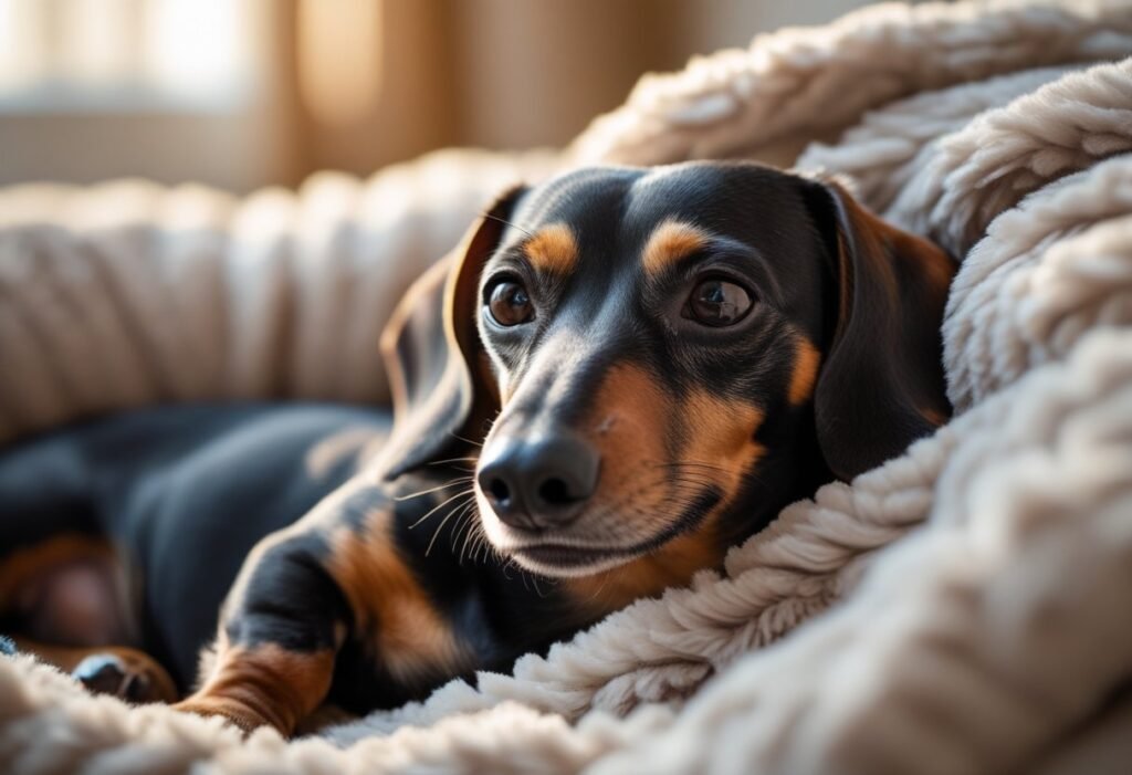Pregnant Dachshund resting on a soft blanket with her belly showing.