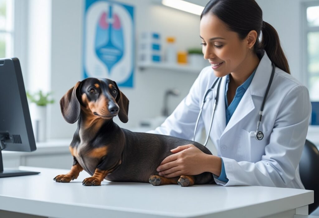 Vet examining a pregnant Dachshund during a checkup.