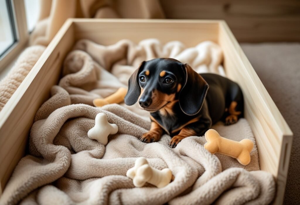 Cozy whelping box prepared for a pregnant Dachshund.