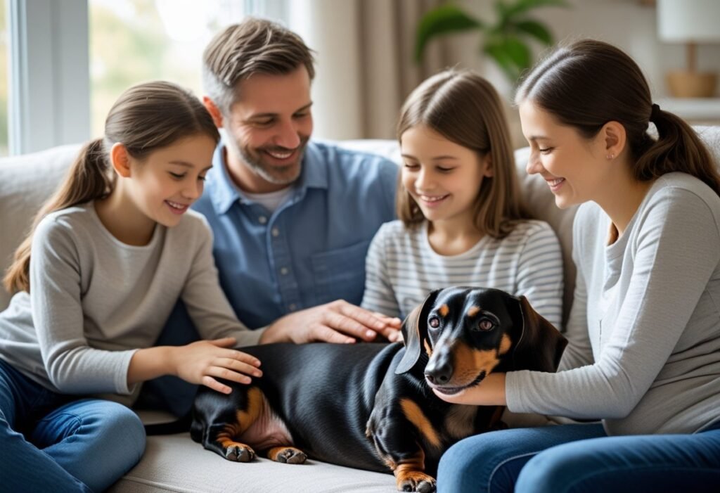 Family petting and caring for their pregnant Dachshund.