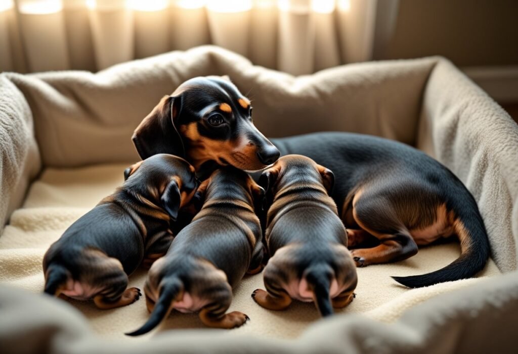 Newborn Dachshund puppies nursing with their mother.
