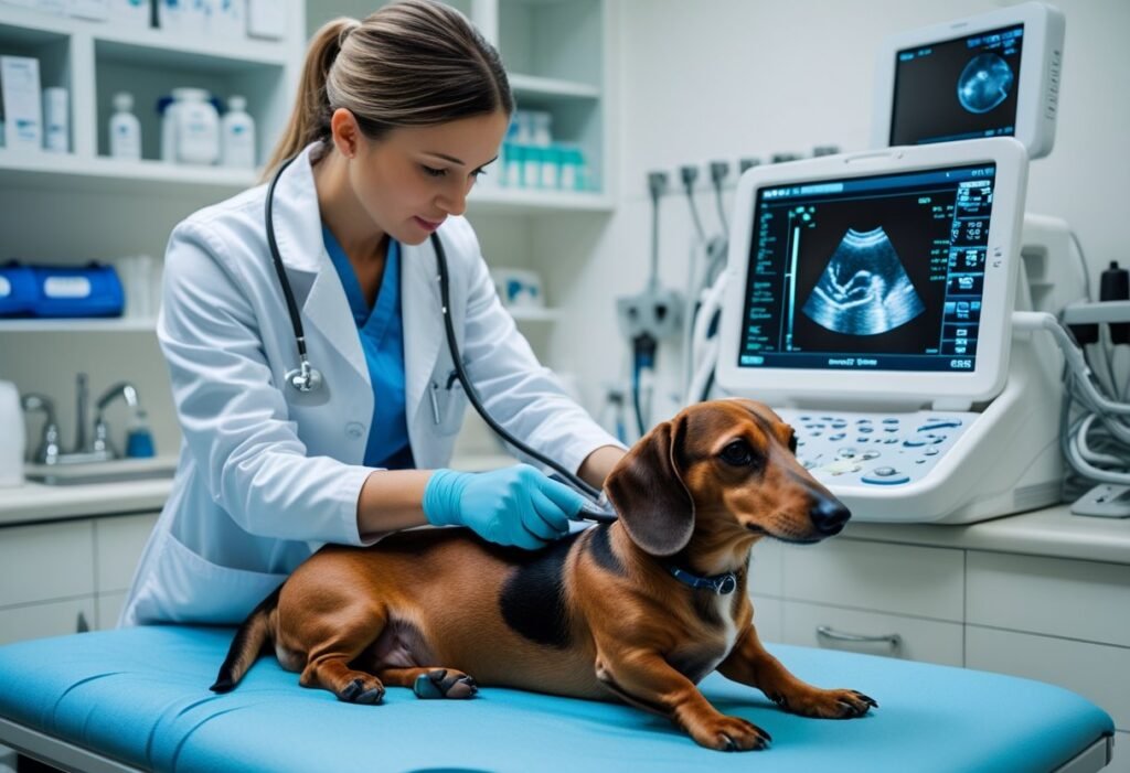 Vet doing an ultrasound on a pregnant Dachshund.