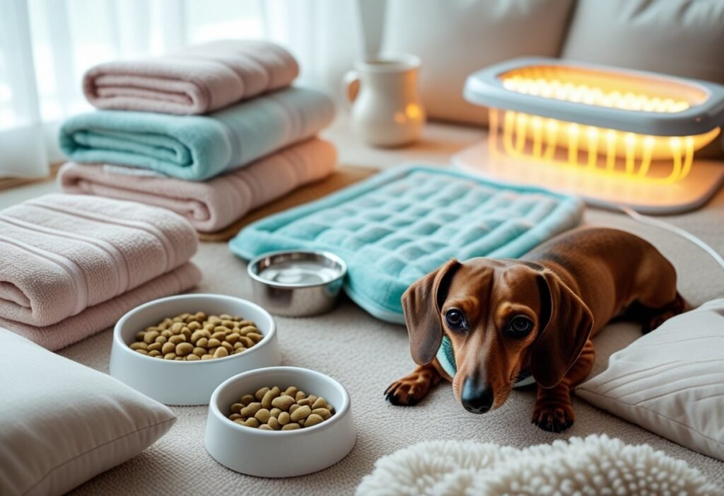 Supplies ready for postpartum care of a Dachshund.