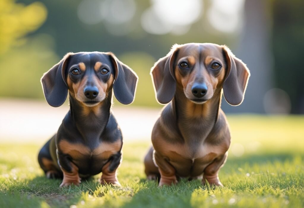 Miniature vs Standard Dachshund sitting side-by-side outdoors showing size difference.