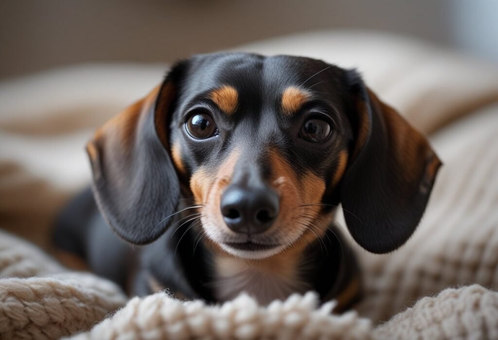 Close-up of a miniature dachshund resting on a blanket, highlighting its small size.