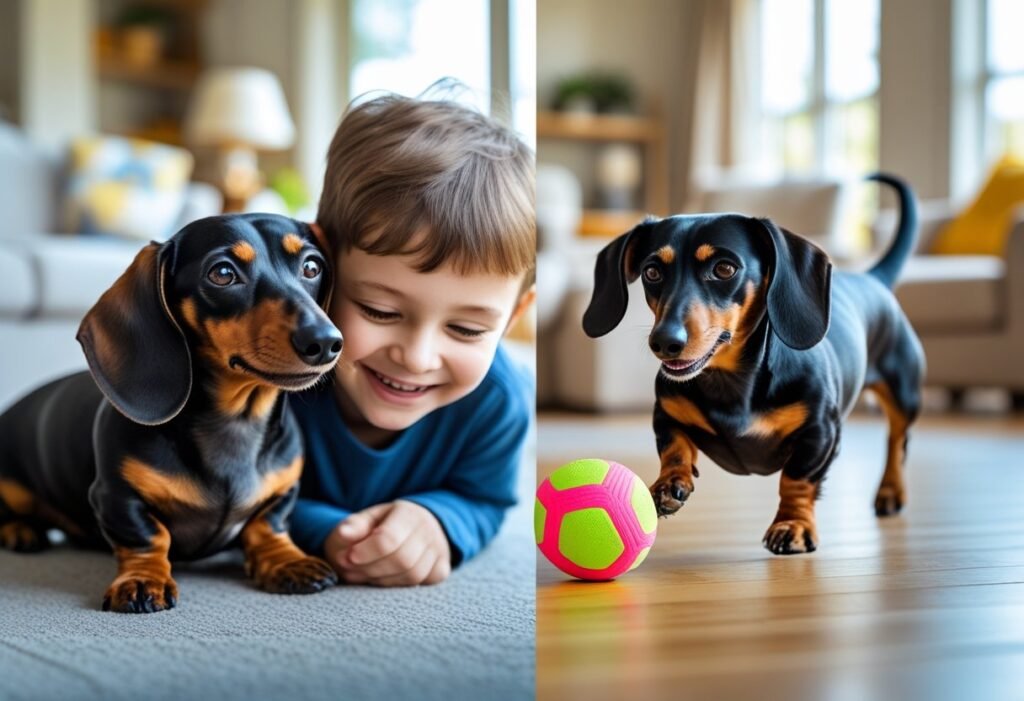 Miniature dachshund cuddling with a child while standard dachshund plays fetch with an adult.