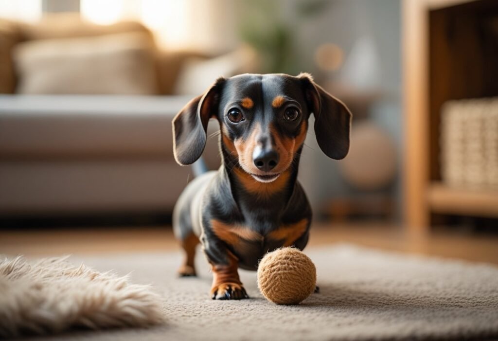 Miniature dachshund cuddling with a child while standard dachshund plays fetch with an adult.
