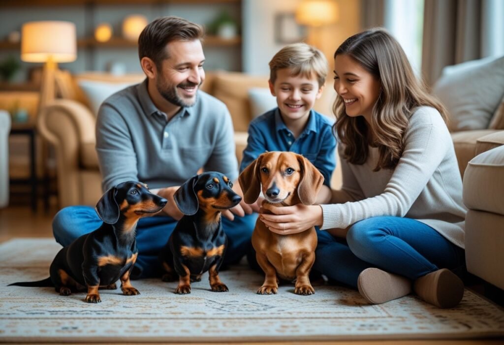 Family with two children playing with both miniature and standard dachshunds.