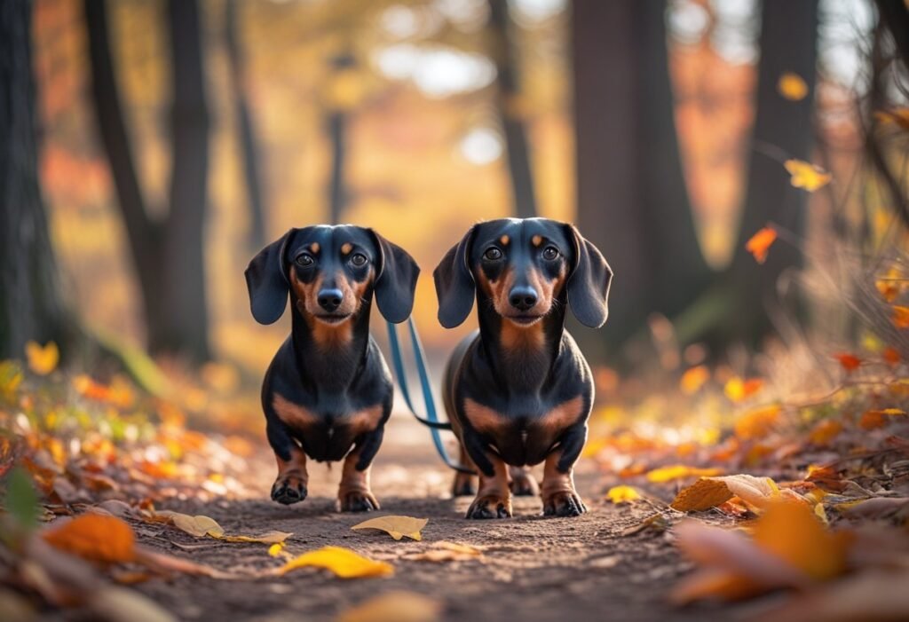 Miniature and standard dachshunds walking together on a forest trail.