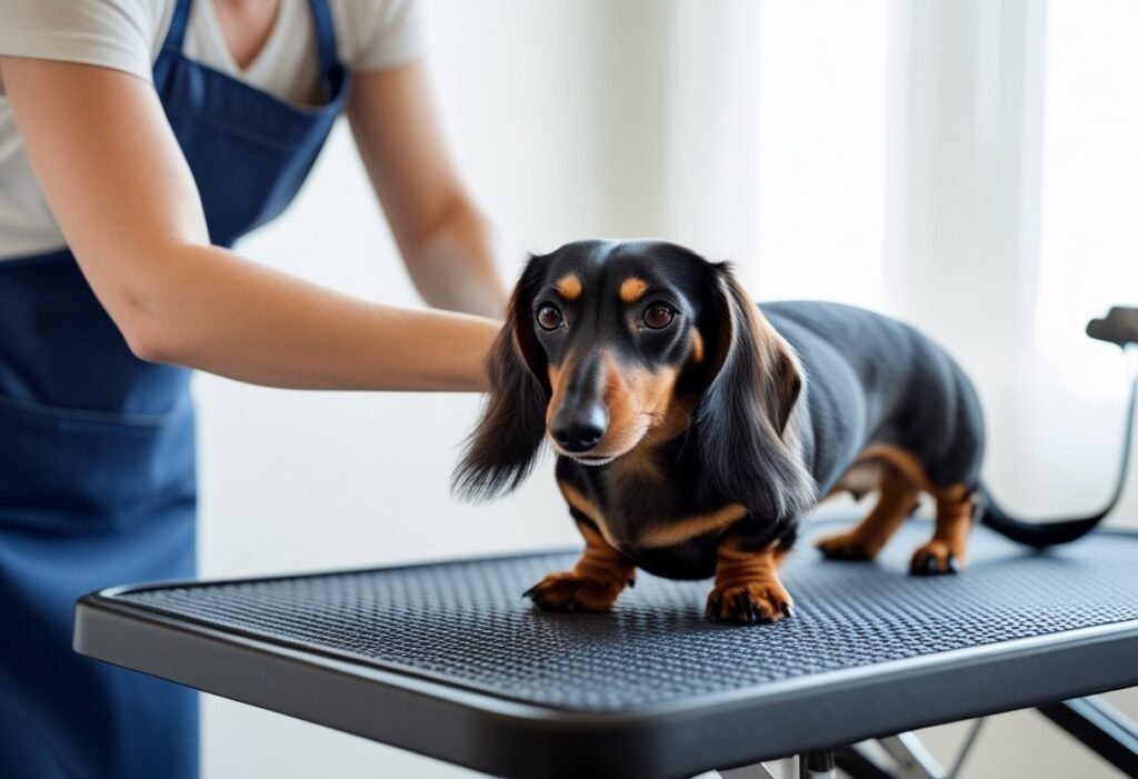 Person brushing a dachshund’s coat on a grooming table.