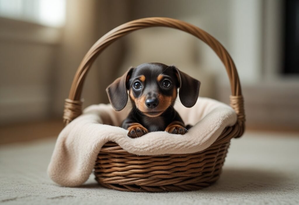 Adorable Dachshund puppy in a basket with a blanket, representing initial Dachshund cost.