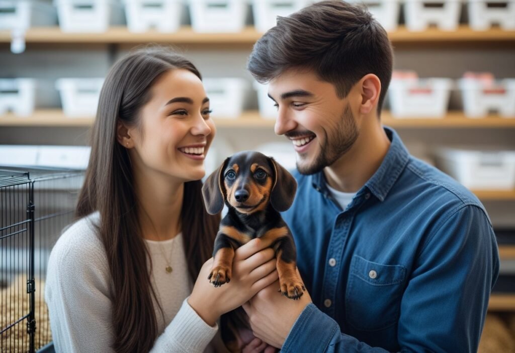 Couple meeting a Dachshund puppy at a breeder while discussing Dachshund cost and purchase options.