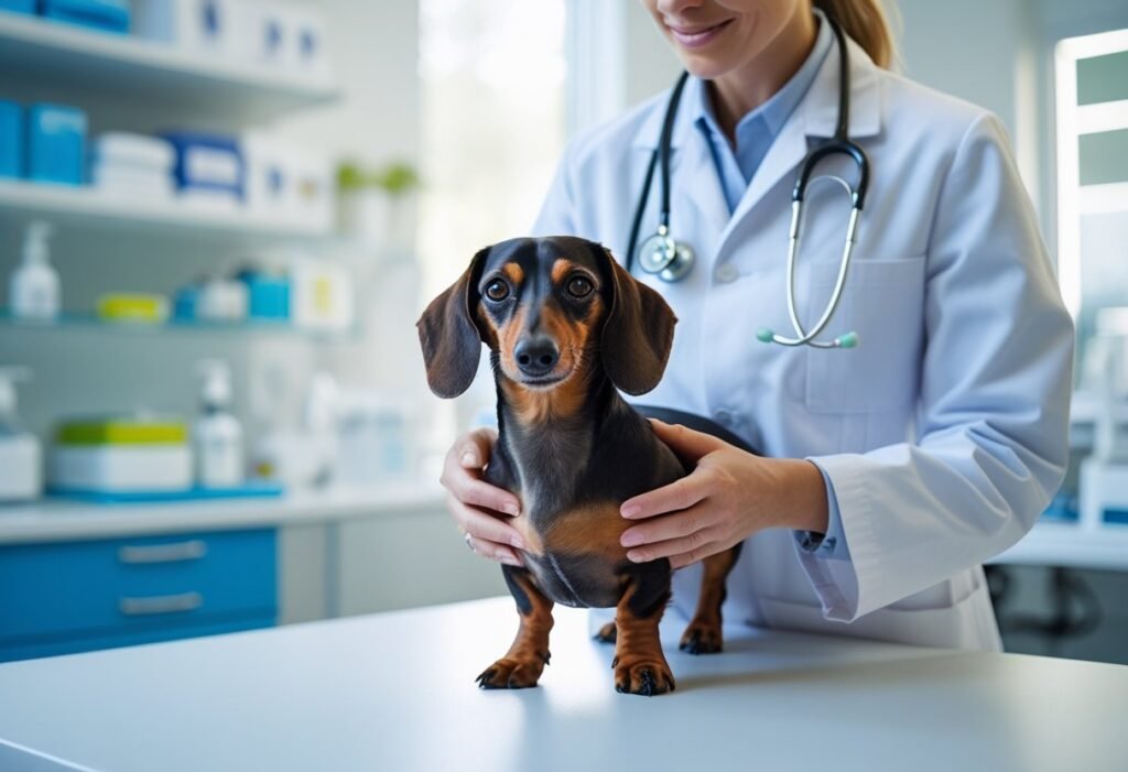 Dachshund being checked by a vet during a routine exam, showing ongoing Dachshund care costs.