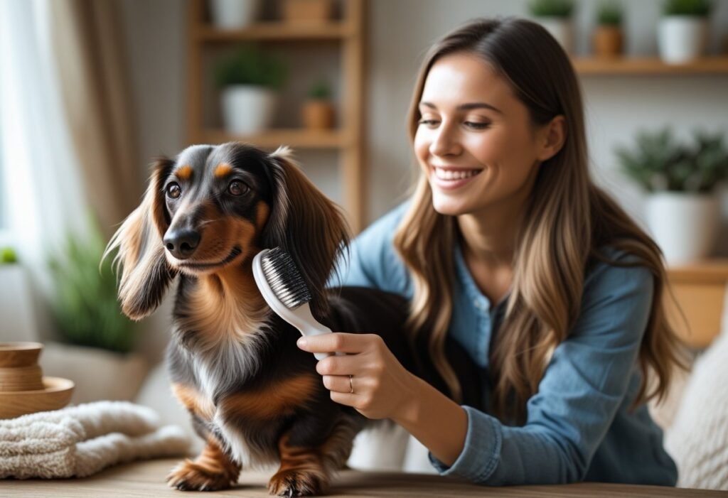 Owner brushing a long-haired Dachshund to highlight grooming costs for proper care.