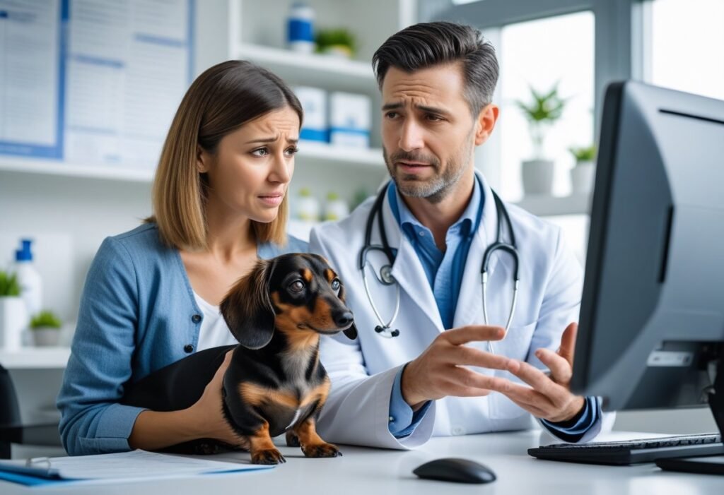 Vet discussing medical care needs with Dachshund owner to explain potential health costs.