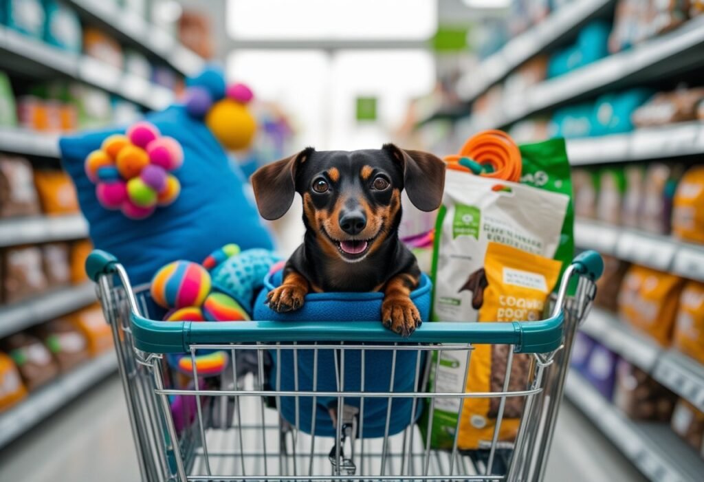 Shopping cart filled with Dachshund supplies like toys and food to represent setup costs.