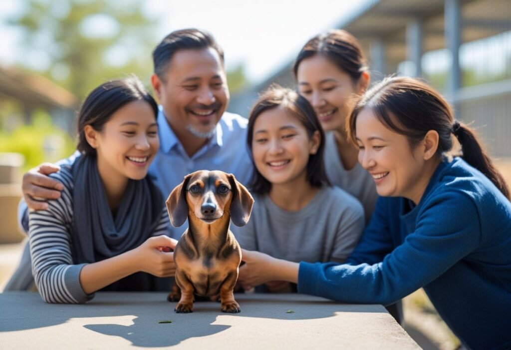 Happy family adopting a Dachshund at a shelter to show alternative to buying costs.