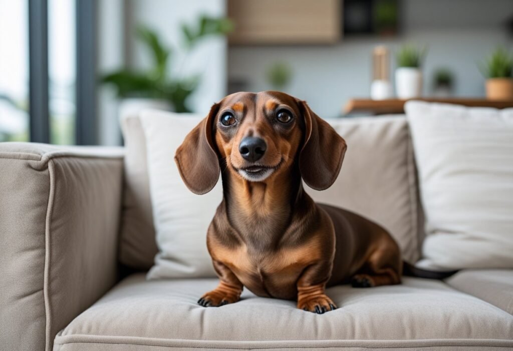 Happy Dachshund on a cozy couch in a modern apartment, perfect for small-space living.
