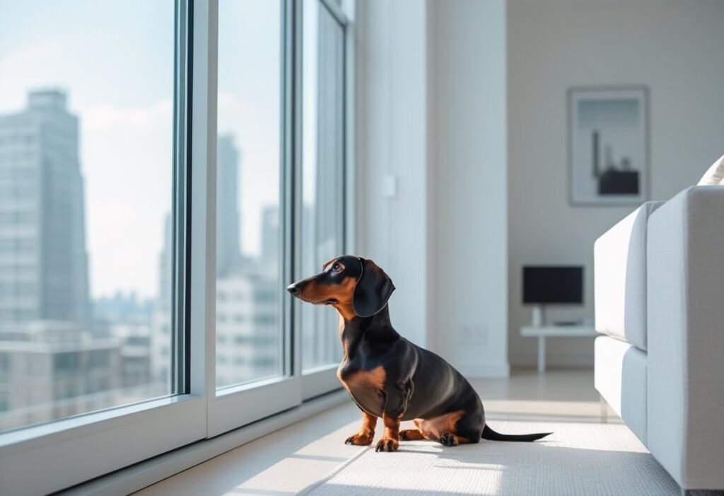 Dachshund watching out the window of a bright apartment in the city.
