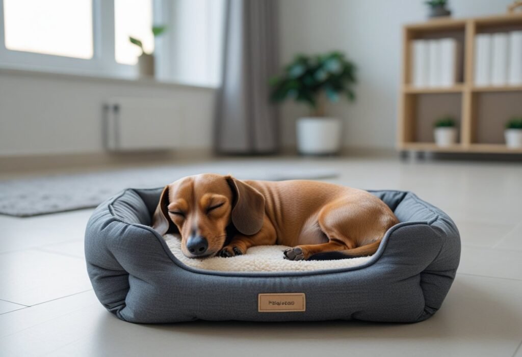 Dachshund peacefully sleeping in a small dog bed in a tidy apartment.