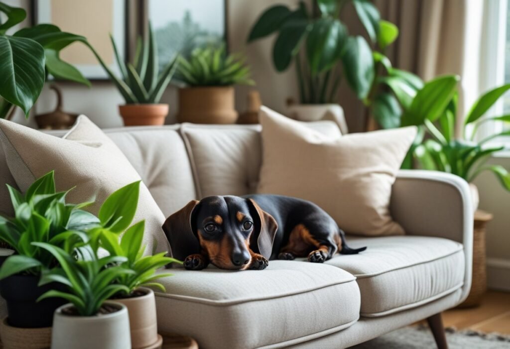 Cozy apartment with a Dachshund curled up beside indoor plants.