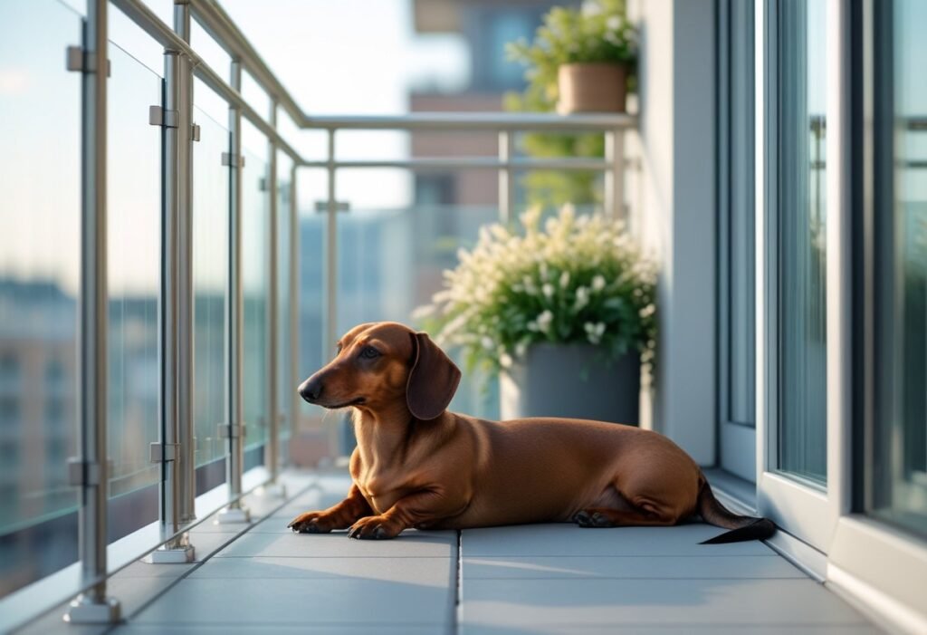 Dachshund relaxing on a safe, fenced apartment balcony.