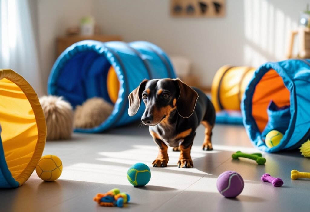 Dachshund playing in a small indoor apartment play area.