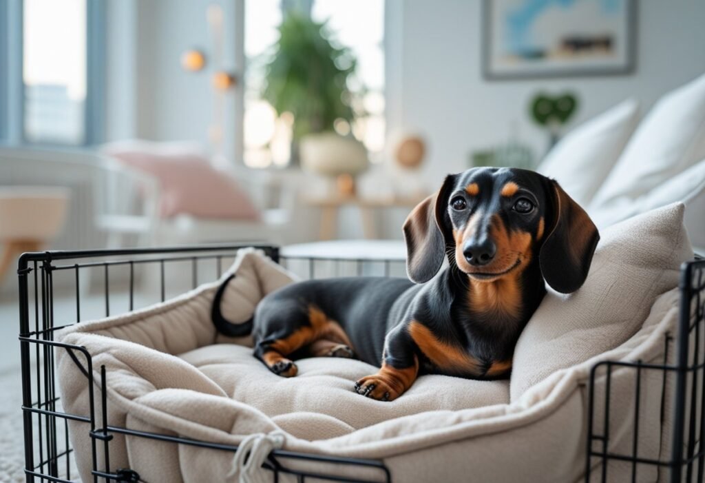 Dachshund resting in a comfortable crate in a tidy apartment.