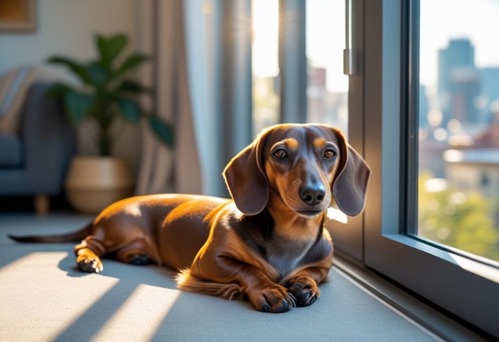 Dachshund relaxing in a sunny window area of an apartment.