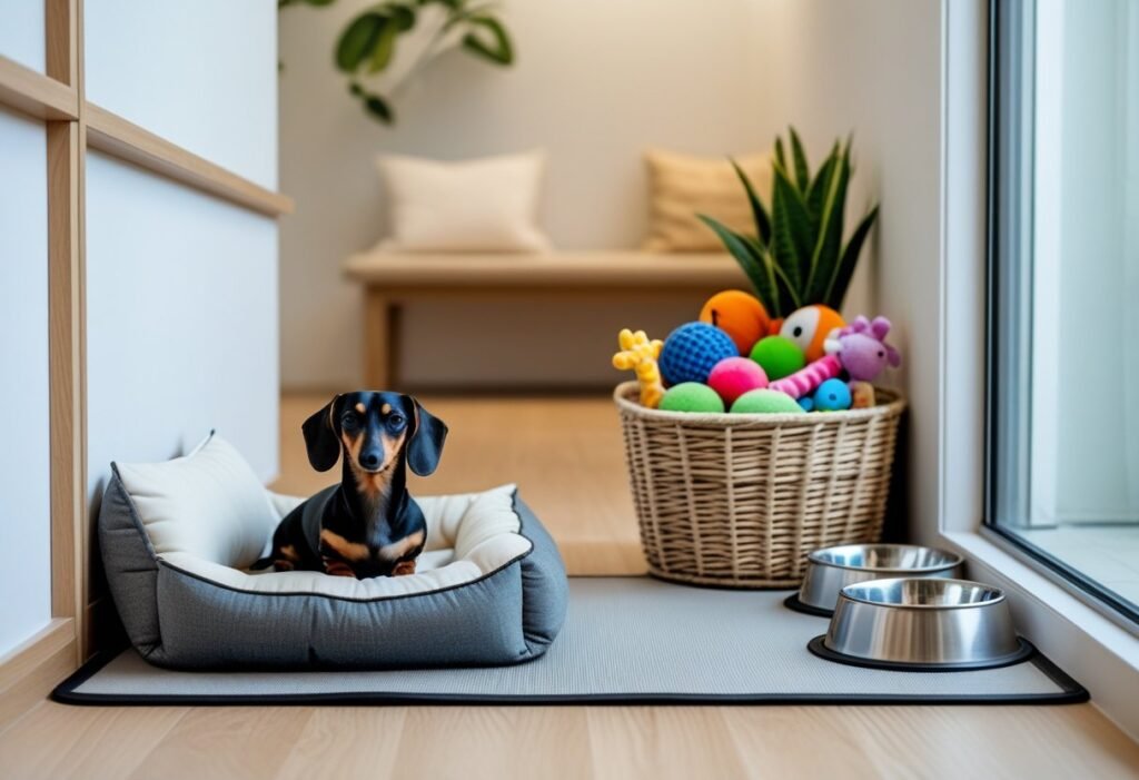Organized apartment pet corner with Dachshund bed and supplies.