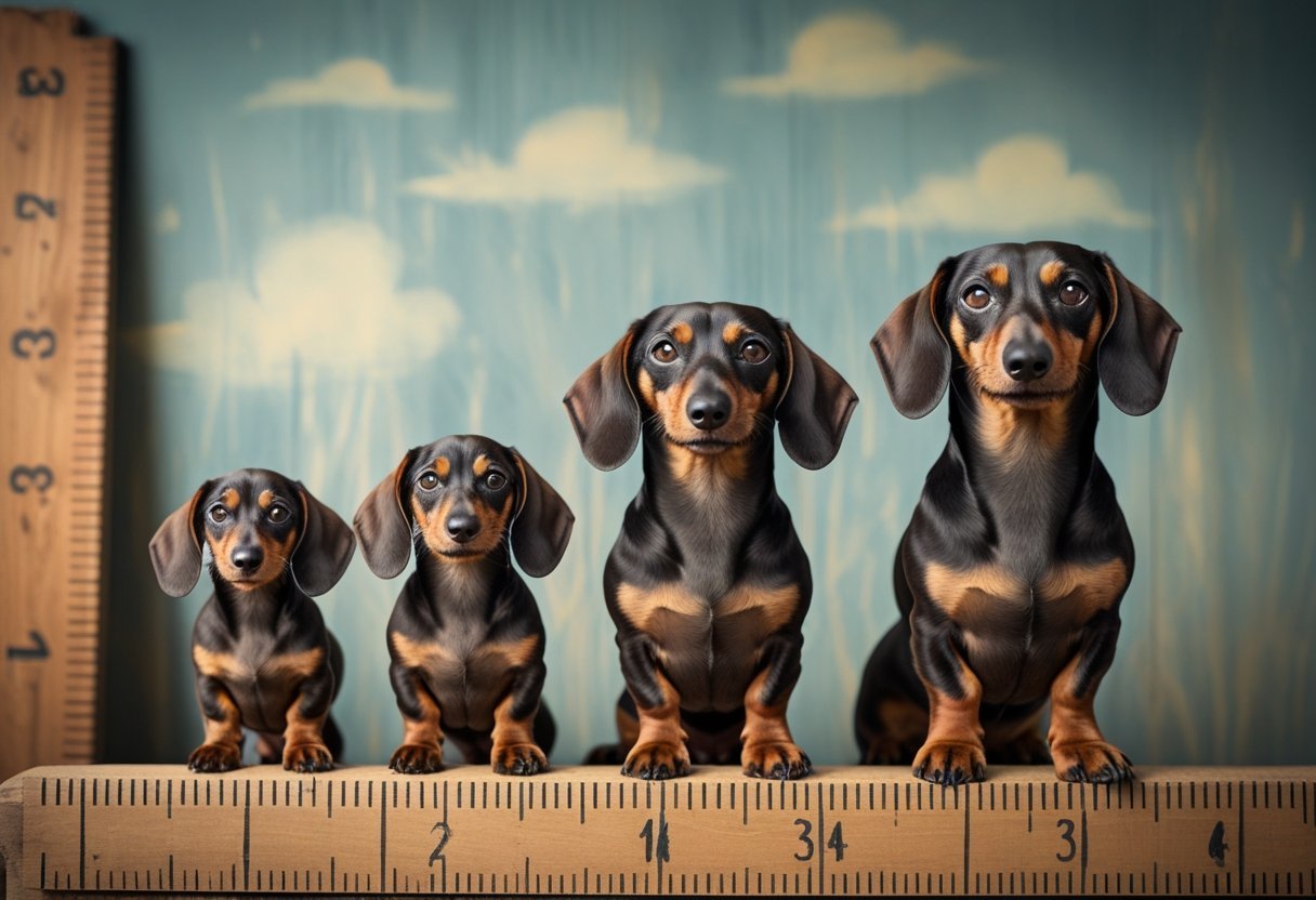 Three dachshunds at different growth stages — puppy, young adult, and adult — standing in a line against a playful height chart backdrop, symbolizing their growth journey.
