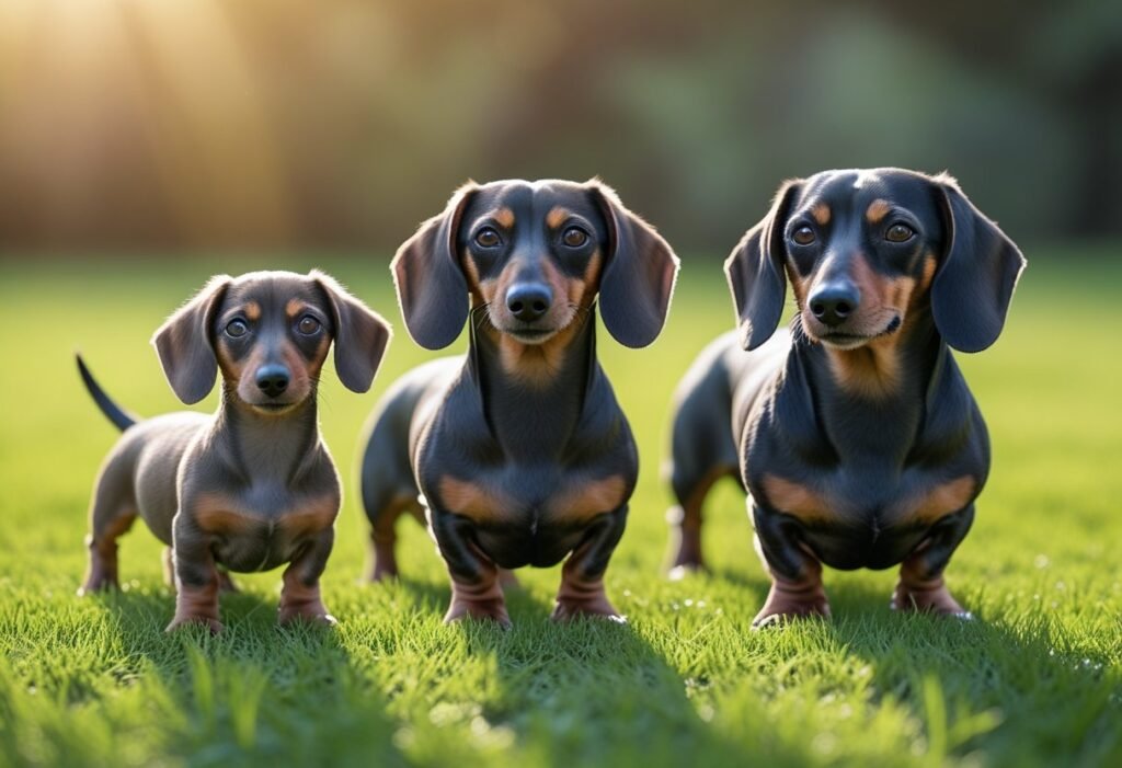 Dachshund growth chart stages showing puppy, young adult, and full-grown dachshunds side by side.